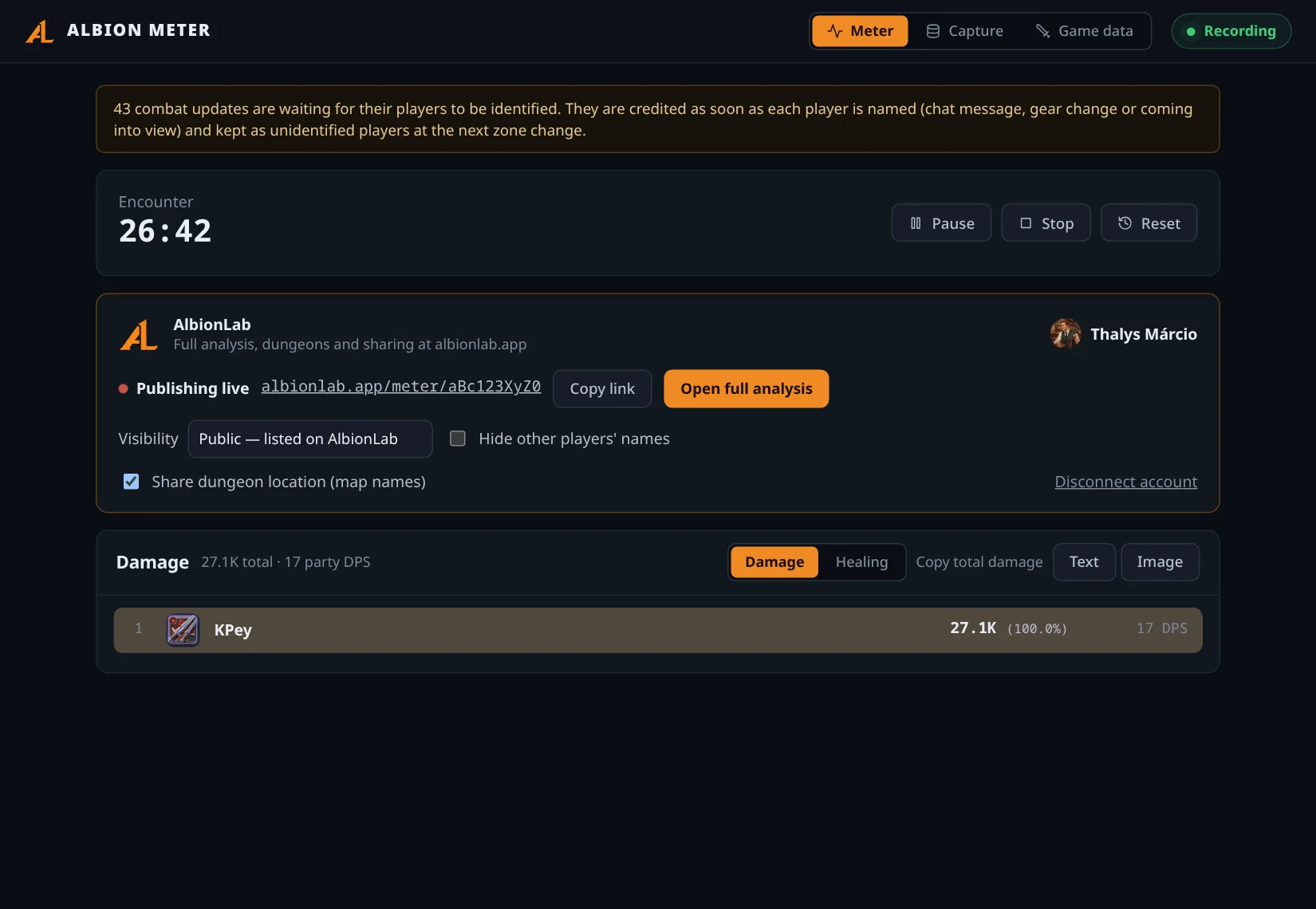 Albion Meter main screen recording, publishing to AlbionLab, with the damage bars