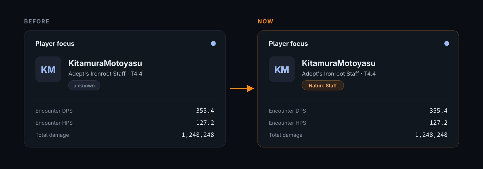 Player focus card before and after the update